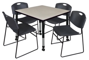 Kee 36" Square Height Adjustable Mobile Classroom Table  - Maple & 4 Zeng Stack Chairs - Black 