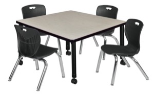 Kee 36" Square Height Adjustable Mobile Classroom Table  - Maple & 4 4 Andy 12-in Stack Chairs - Black
