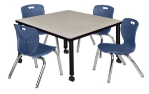 Kee 36" Square Height Adjustable Mobile Classroom Table  - Maple & 4 4 Andy 12-in Stack Chairs - Navy Blue