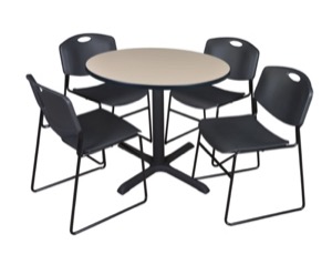 Cain 36" Round Breakroom Table - Beige & 4 Zeng Stack Chairs - Black