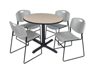Cain 36" Round Breakroom Table - Beige & 4 Zeng Stack Chairs - Grey