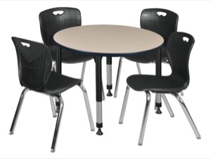 Kee 36" Round Height Adjustable Classroom Table  - Beige & 4 Andy 18-in Stack Chairs - Black 