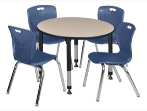 Kee 36" Round Height Adjustable Classroom Table  - Beige & 4 Andy 18-in Stack Chairs - Navy Blue 