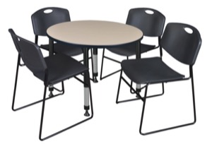 Kee 36" Round Height Adjustable Classroom Table  - Beige & 4 Zeng Stack Chairs - Black 
