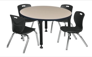 Kee 36" Round Height Adjustable Classroom Table  - Beige & 4 Andy 12-in Stack Chairs - Black 