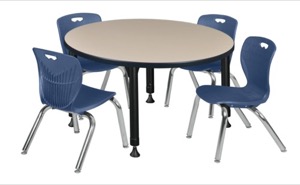 Kee 36" Round Height Adjustable Classroom Table  - Beige & 4 Andy 12-in Stack Chairs - Navy Blue 