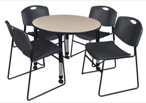 Kee 36" Round Height Adjustable Mobile  Classroom Table  - Beige & 4 Zeng Stack Chairs - Black 