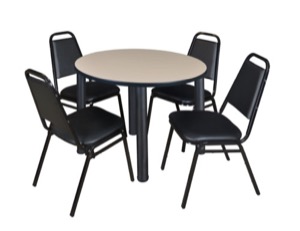 Kee 36" Round Breakroom Table - Beige/ Black & 4 Restaurant Stack Chairs - Black