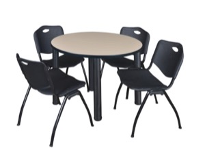Kee 36" Round Breakroom Table - Beige/ Black & 4 'M' Stack Chairs - Black