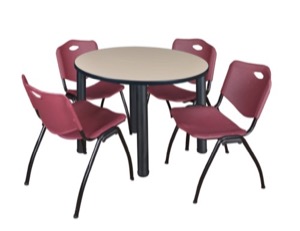 Kee 36" Round Breakroom Table - Beige/ Black & 4 'M' Stack Chairs - Burgundy