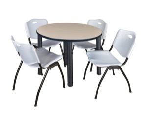 Kee 36" Round Breakroom Table - Beige/ Black & 4 'M' Stack Chairs - Grey