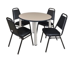 Kee 36" Round Breakroom Table - Beige/ Chrome & 4 Restaurant Stack Chairs - Black