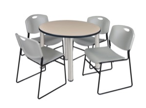 Kee 36" Round Breakroom Table - Beige/ Chrome & 4 Zeng Stack Chairs - Grey