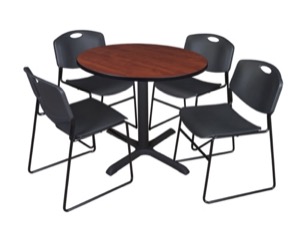 Cain 36" Round Breakroom Table - Cherry & 4 Zeng Stack Chairs - Black