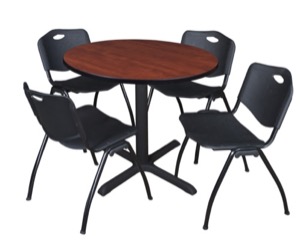 Cain 36" Round Breakroom Table - Cherry & 4 'M' Stack Chairs - Black