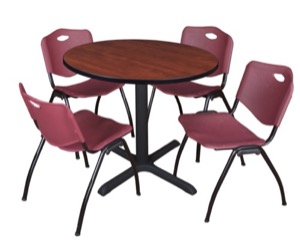 Cain 36" Round Breakroom Table - Cherry & 4 'M' Stack Chairs - Burgundy