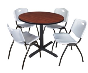 Cain 36" Round Breakroom Table - Cherry & 4 'M' Stack Chairs - Grey