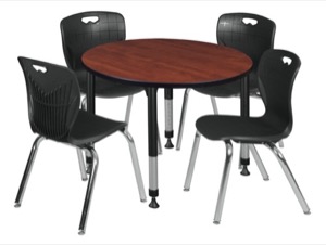 Kee 36" Round Height Adjustable Classroom Table  - Cherry & 4 Andy 18-in Stack Chairs - Black 
