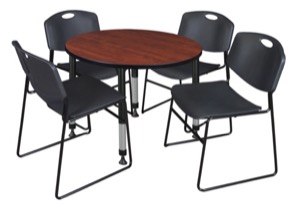 Kee 36" Round Height Adjustable Classroom Table  - Cherry & 4 Zeng Stack Chairs - Black 