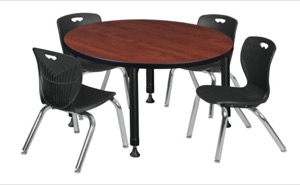 Kee 36" Round Height Adjustable Classroom Table  - Cherry & 4 Andy 12-in Stack Chairs - Black 