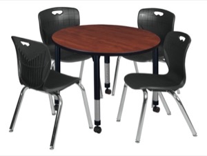 Kee 36" Round Height Adjustable Classroom Table  - Cherry & 4 Andy 18-in Stack Chairs - Black 