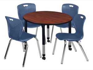 Kee 36" Round Height Adjustable Classroom Table  - Cherry & 4 Andy 18-in Stack Chairs - Navy Blue 
