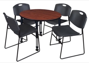 Kee 36" Round Height Adjustable  Mobile Classroom Table  - Cherry & 4 Zeng Stack Chairs - Black 