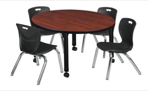 Kee 36" Round Height Adjustable Classroom Table  - Cherry & 4 Andy 12-in Stack Chairs - Black 