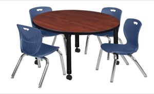 Kee 36" Round Height Adjustable Classroom Table  - Cherry & 4 Andy 12-in Stack Chairs - Navy Blue 