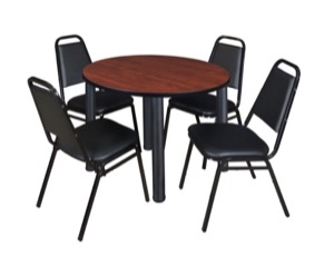 Kee 36" Round Breakroom Table - Cherry/ Black & 4 Restaurant Stack Chairs - Black