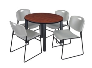 Kee 36" Round Breakroom Table - Cherry/ Black & 4 Zeng Stack Chairs - Grey