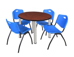 Kee 36" Round Breakroom Table - Cherry/ Chrome & 4 'M' Stack Chairs - Blue