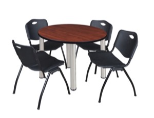 Kee 36" Round Breakroom Table - Cherry/ Chrome & 4 'M' Stack Chairs - Black
