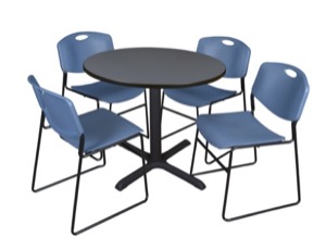 Cain 36" Round Breakroom Table - Grey & 4 Zeng Stack Chairs - Blue