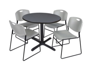 Cain 36" Round Breakroom Table - Grey & 4 Zeng Stack Chairs - Grey
