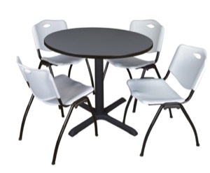 Cain 36" Round Breakroom Table - Grey & 4 'M' Stack Chairs - Grey