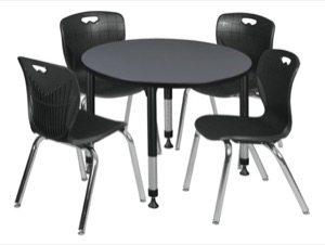 Kee 36" Round Height Adjustable Classroom Table  - Grey & 4 Andy 18-in Stack Chairs - Black