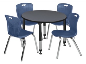 Kee 36" Round Height Adjustable Classroom Table  - Grey & 4 Andy 18-in Stack Chairs - Navy Blue