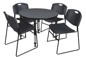 Kee 36" Round Height Adjustable Classroom Table  - Grey & 4 Zeng Stack Chairs - Black