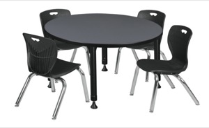 Kee 36" Round Height Adjustable Classroom Table  - Grey & 4 Andy 12-in Stack Chairs - Black