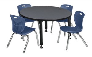 Kee 36" Round Height Adjustable Classroom Table  - Grey & 4 Andy 12-in Stack Chairs - Navy Blue