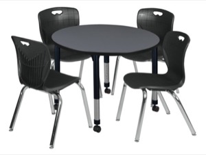 Kee 36" Round Height Adjustable Classroom Table  - Grey & 4 Andy 18-in Stack Chairs - Black