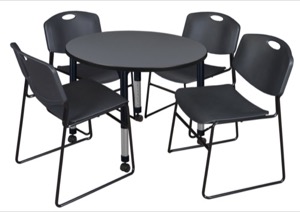 Kee 36" Round Height Adjustable Mobile Classroom Table  - Grey & 4 Zeng Stack Chairs - Black