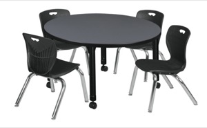Kee 36" Round Height Adjustable Classroom Table  - Grey & 4 Andy 12-in Stack Chairs - Black