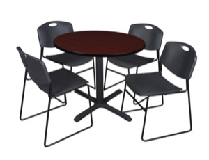 Cain 36" Round Breakroom Table - Mahogany & 4 Zeng Stack Chairs - Black