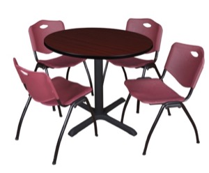 Cain 36" Round Breakroom Table - Mahogany & 4 'M' Stack Chairs - Burgundy