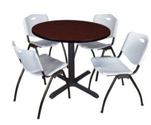 Cain 36" Round Breakroom Table - Mahogany & 4 'M' Stack Chairs - Grey