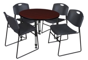 Kee 36" Round Height Adjustable Classroom Table  - Mahogany & 4 Zeng Stack Chairs - Black