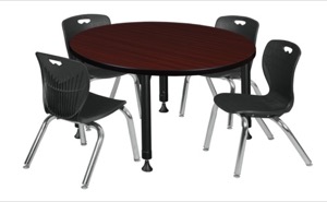 Kee 36" Round Height Adjustable Classroom Table  - Mahogany & 4 Andy 12-in Stack Chairs - Black