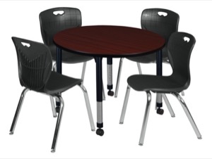 Kee 36" Round Height Adjustable Classroom Table  - Mahogany & 4 Andy 18-in Stack Chairs - Black